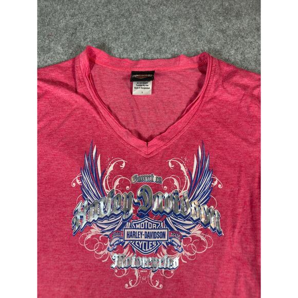 Harley Davidson Shirt Women Large Pink Twin Cities Minneapolis V Neck Moto Biker - Picture 6 of 8